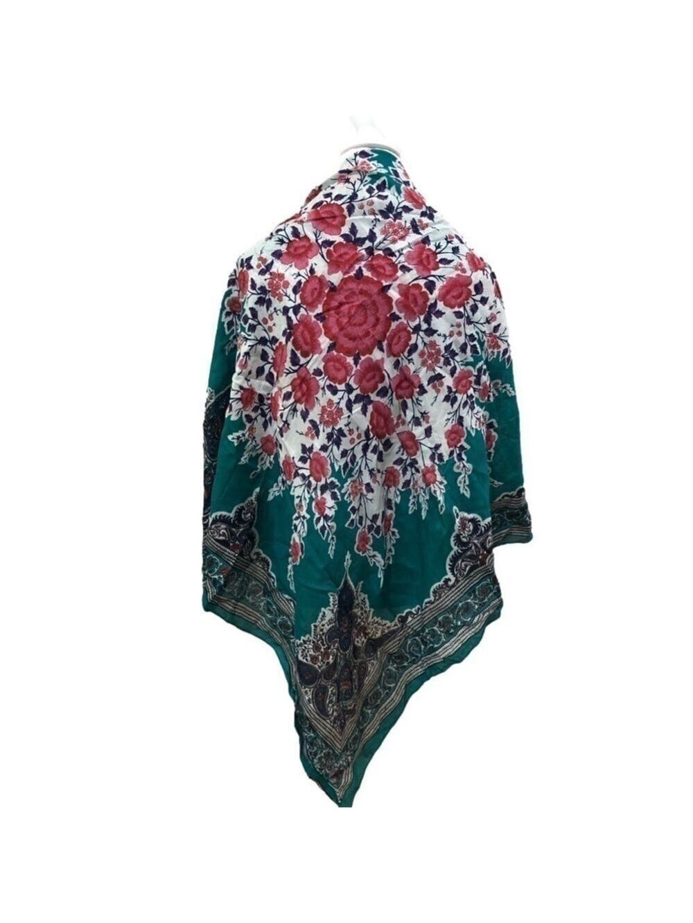 WRAP/SCARF. Floral. Green with pink flowers and jewel tone paisley edge OS